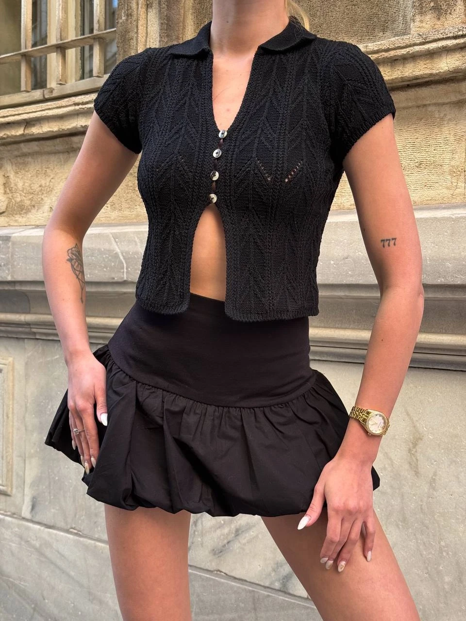 Polo Yaka Düğmeli Crop Bluz Siyah