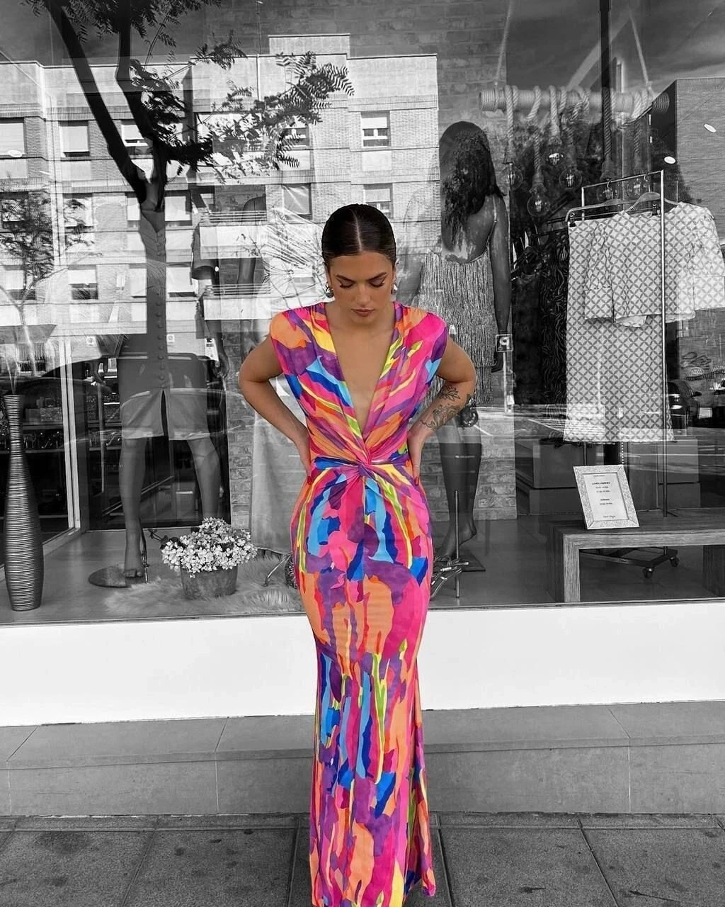 Renkli Skuba Kumaş Tasarım Elbise