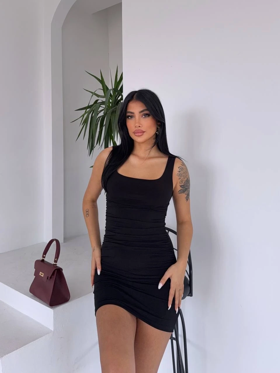 Sandy Büzgülü Elbise Siyah