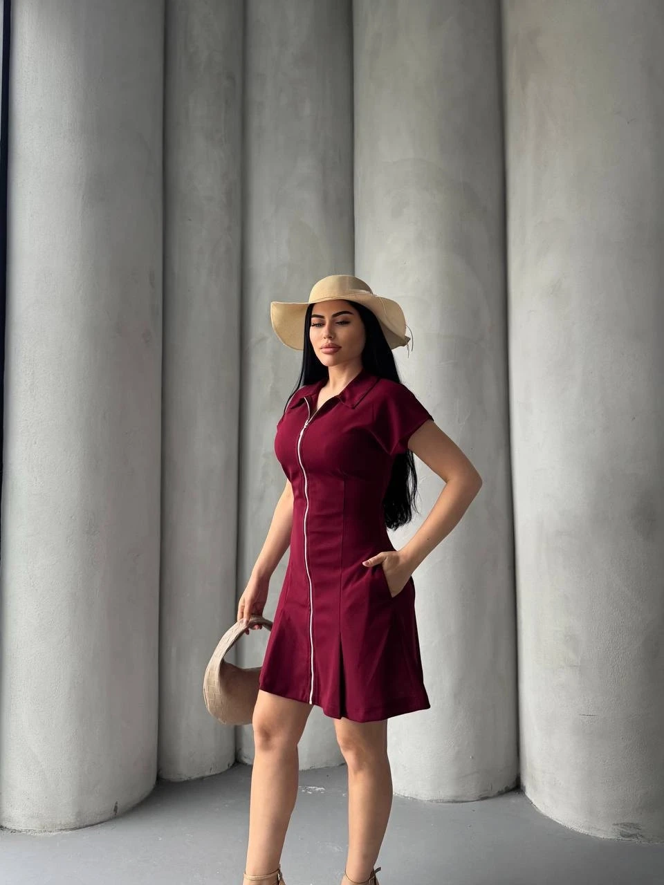 Scuba Krep Fermuarlı Elbise Bordo