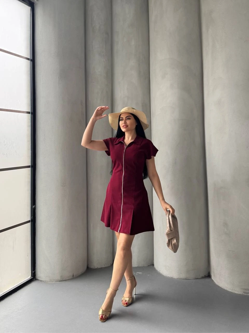 Scuba Krep Fermuarlı Elbise Bordo