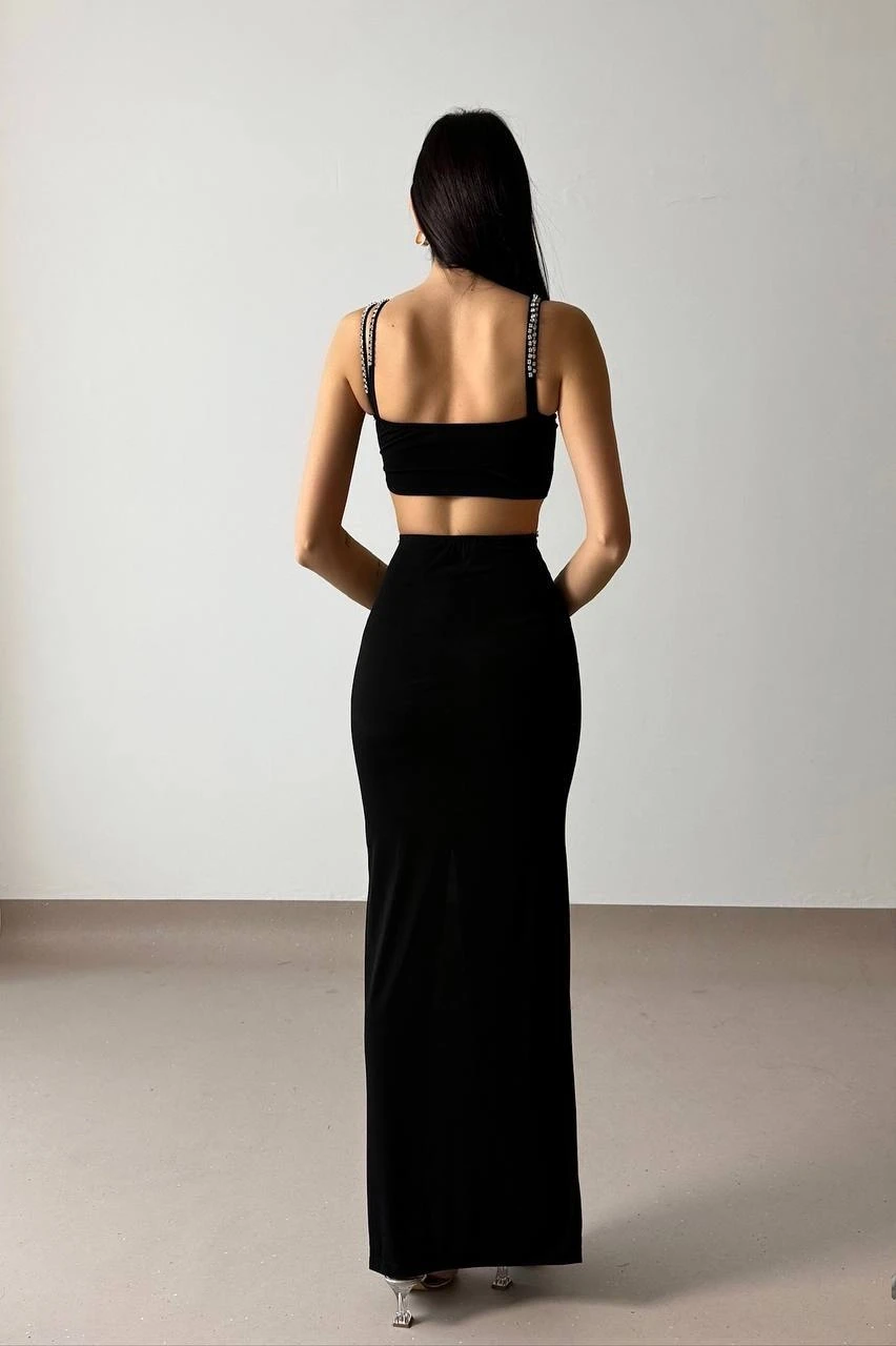 Şerit Taş Detaylı Yırtmaçlı Maxi Elbise