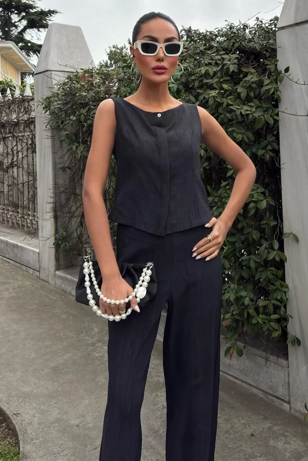 Sıfır Kollu Bluz Batik Desenli Pantolon İkili Takım Siyah