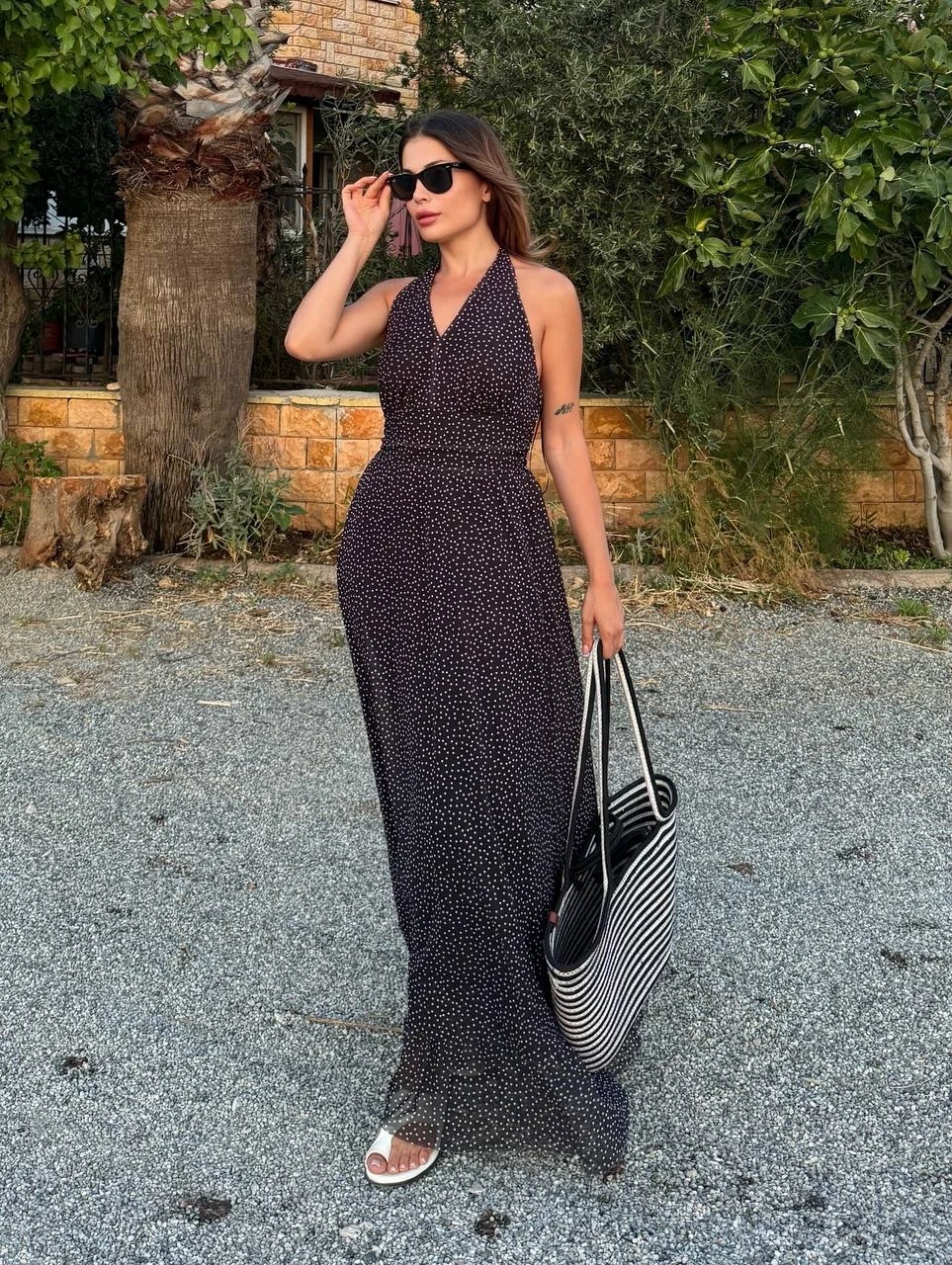 Şifon Desenli Uzun Elbise