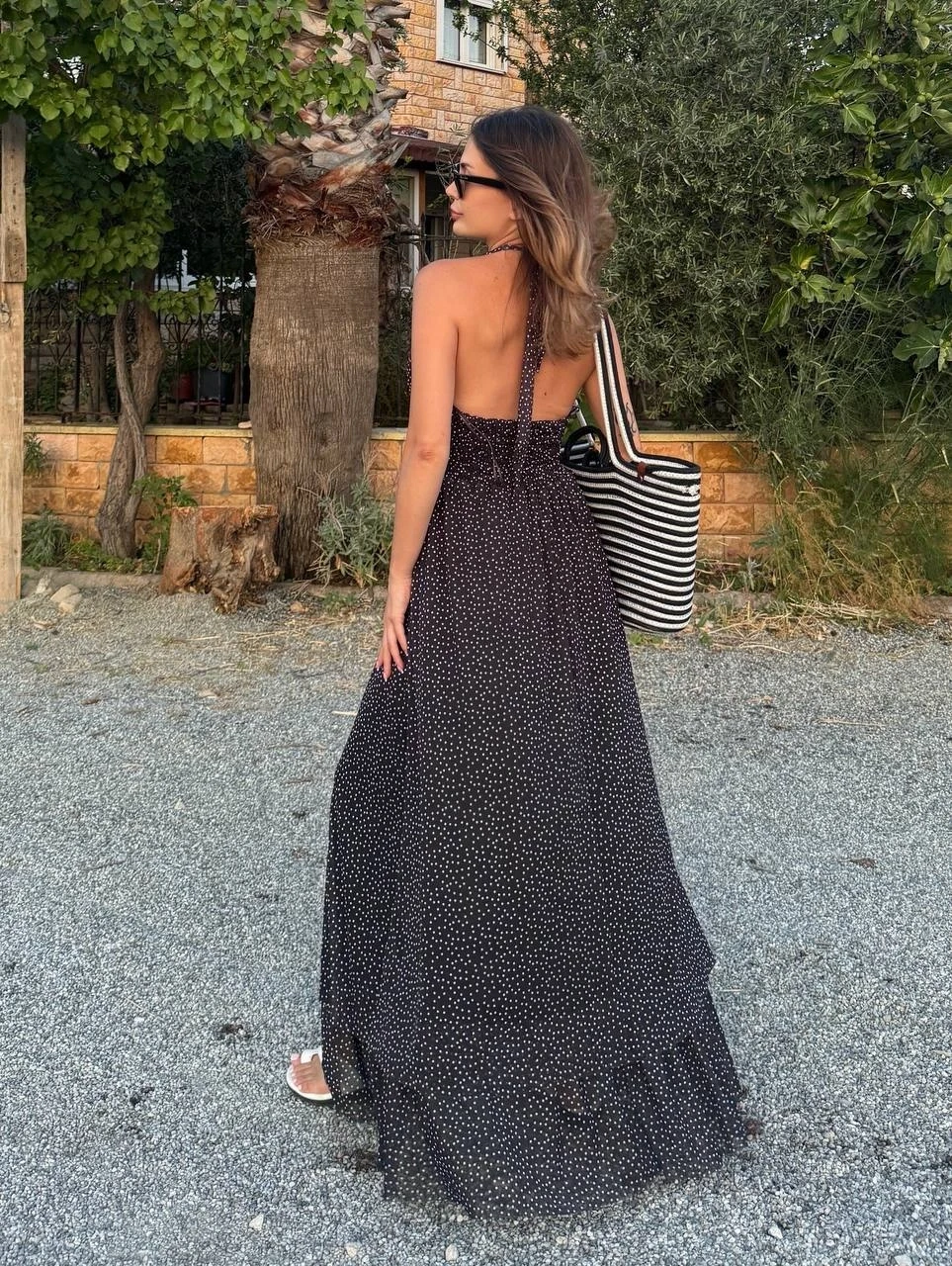 Şifon Desenli Uzun Elbise