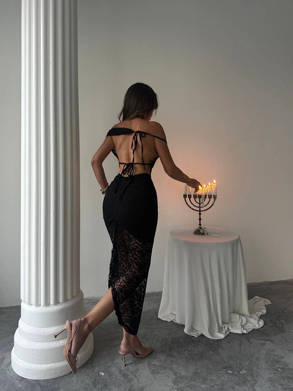 Sırt Bağlama Detay Tasarım Güpür Takım Siyah