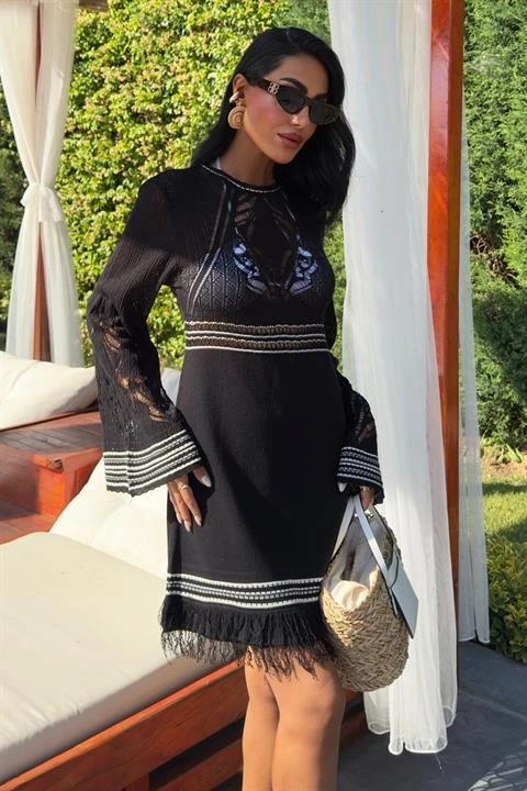 Sırt Dekolte Bağlamalı İspanyol Kol Triko Elbise Siyah