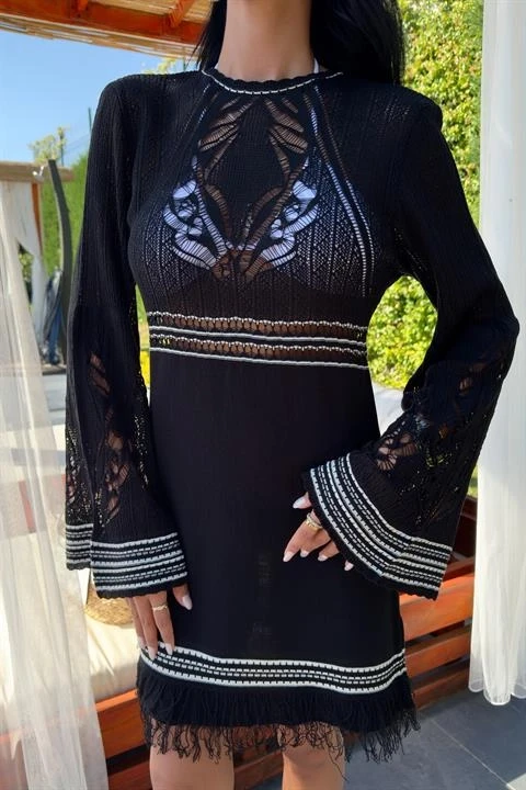 Sırt Dekolte Bağlamalı İspanyol Kol Triko Elbise Siyah