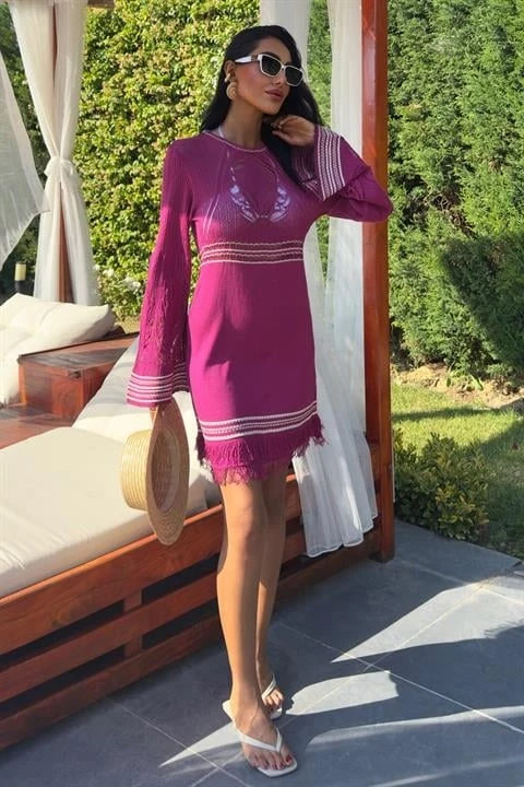 Sırt Dekolte Bağlamalı İspanyol Kol Triko Elbise