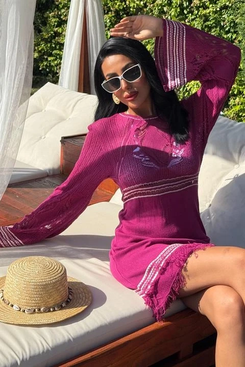 Sırt Dekolte Bağlamalı İspanyol Kol Triko Elbise