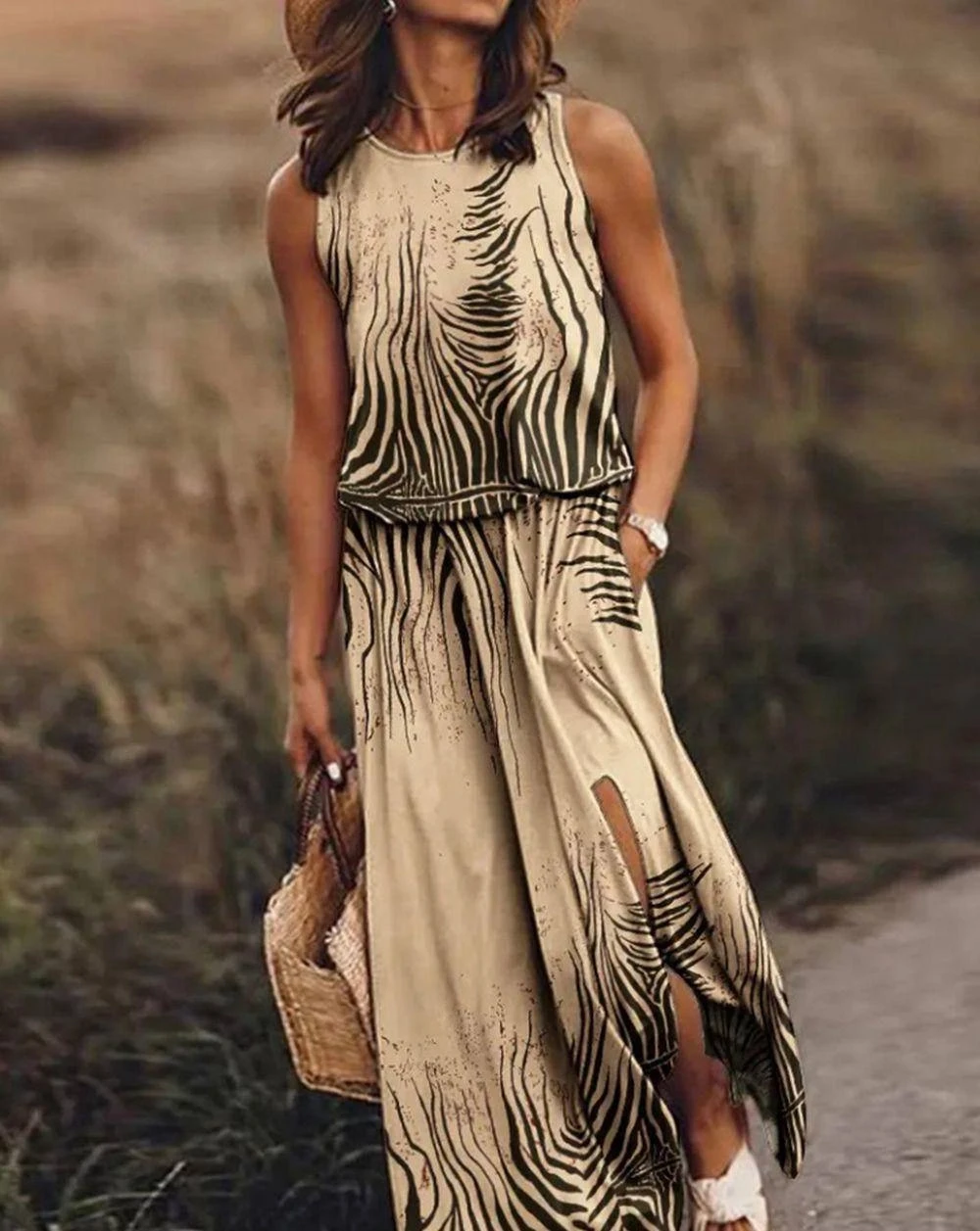 Süprem Kumaş Desenli Beli Lastikli Elbise