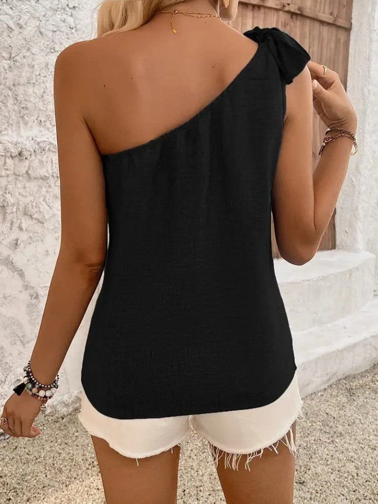 Tek Omuz Askılı Bağcıklı Keten Bluz Siyah