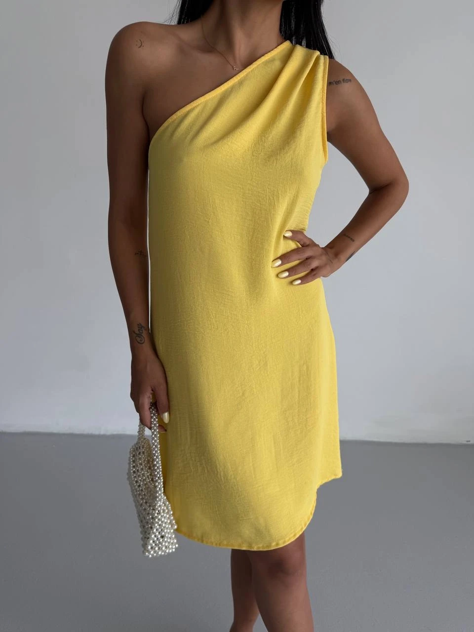 Tek Omuz Ayrobin Kumaş Elbise Sarı