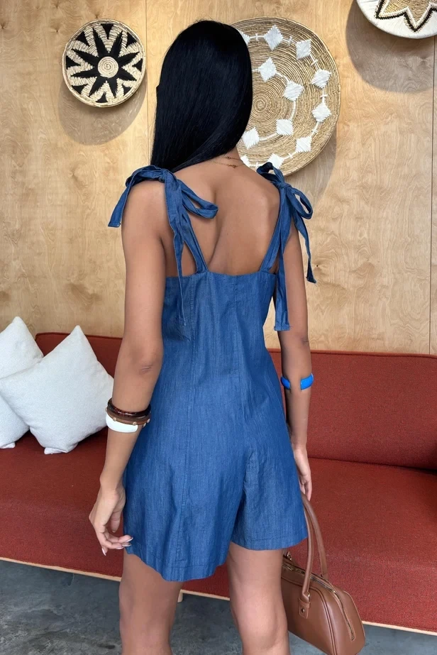 Tensel Denim Kumaşlı Mini Tulum