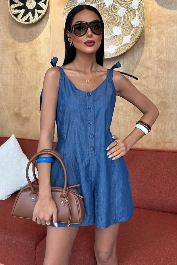 Tensel Denim Kumaşlı Mini Tulum