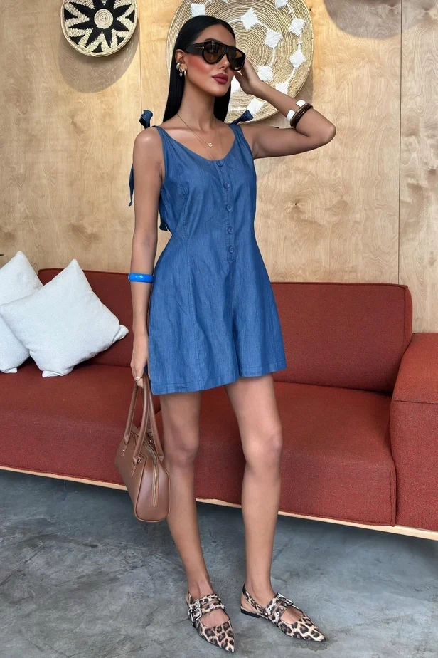 Tensel Denim Kumaşlı Mini Tulum