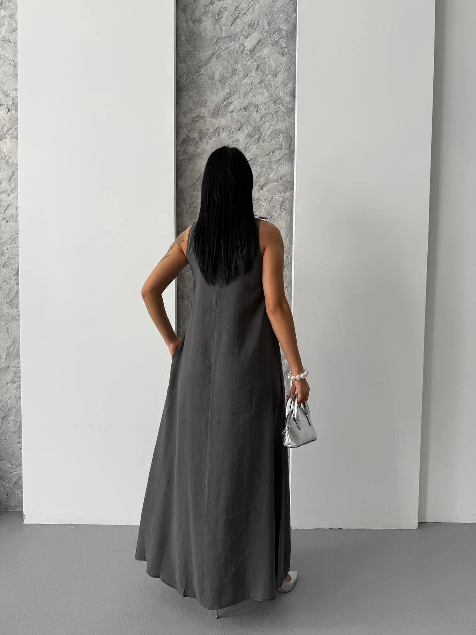 Tensel Kumaş Cepli Elbise Gri