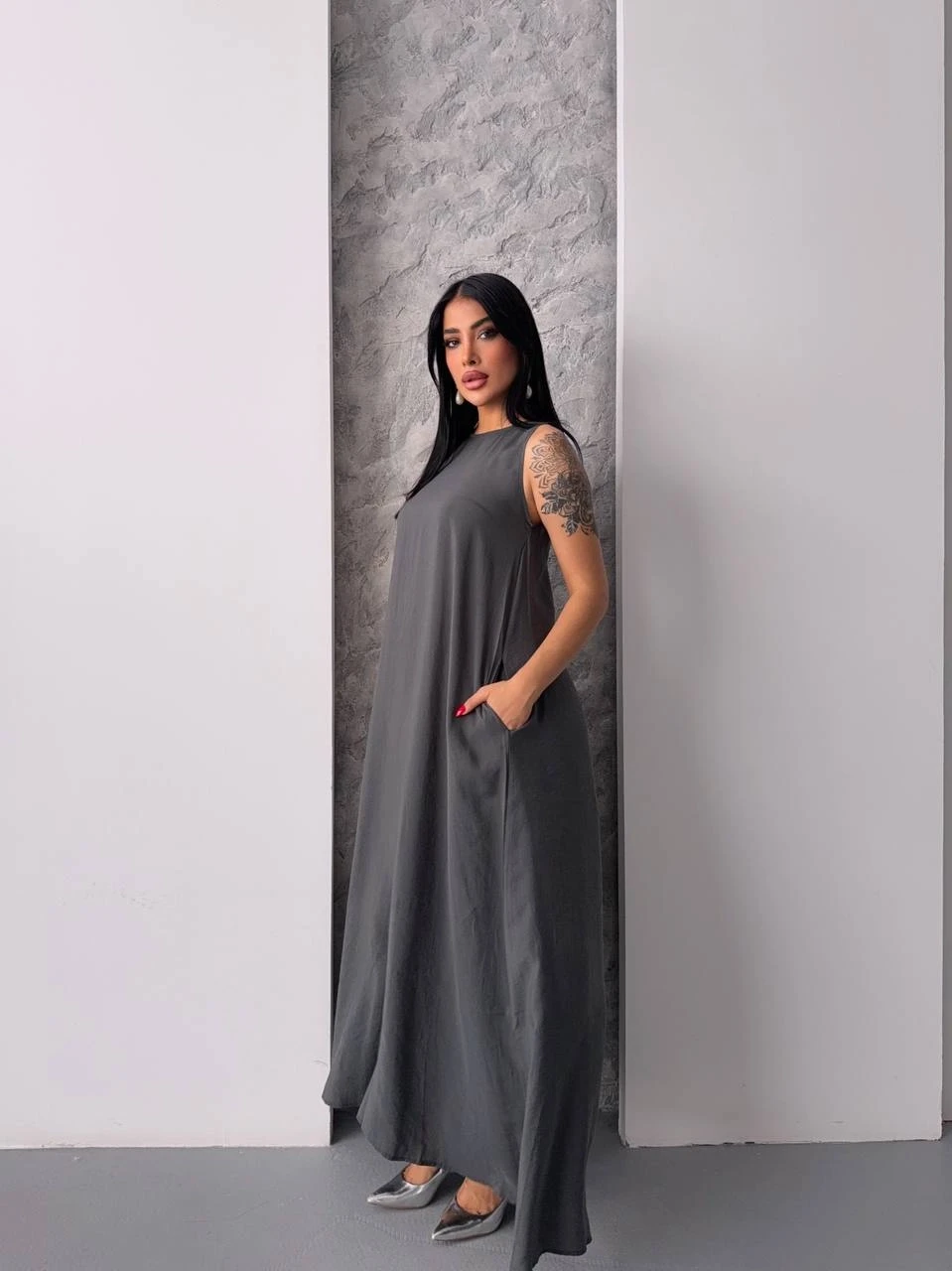 Tensel Kumaş Cepli Elbise Gri