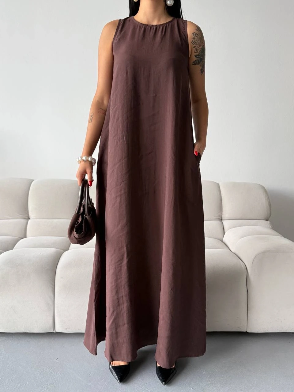 Tensel Kumaş Cepli Elbise Kahverengi