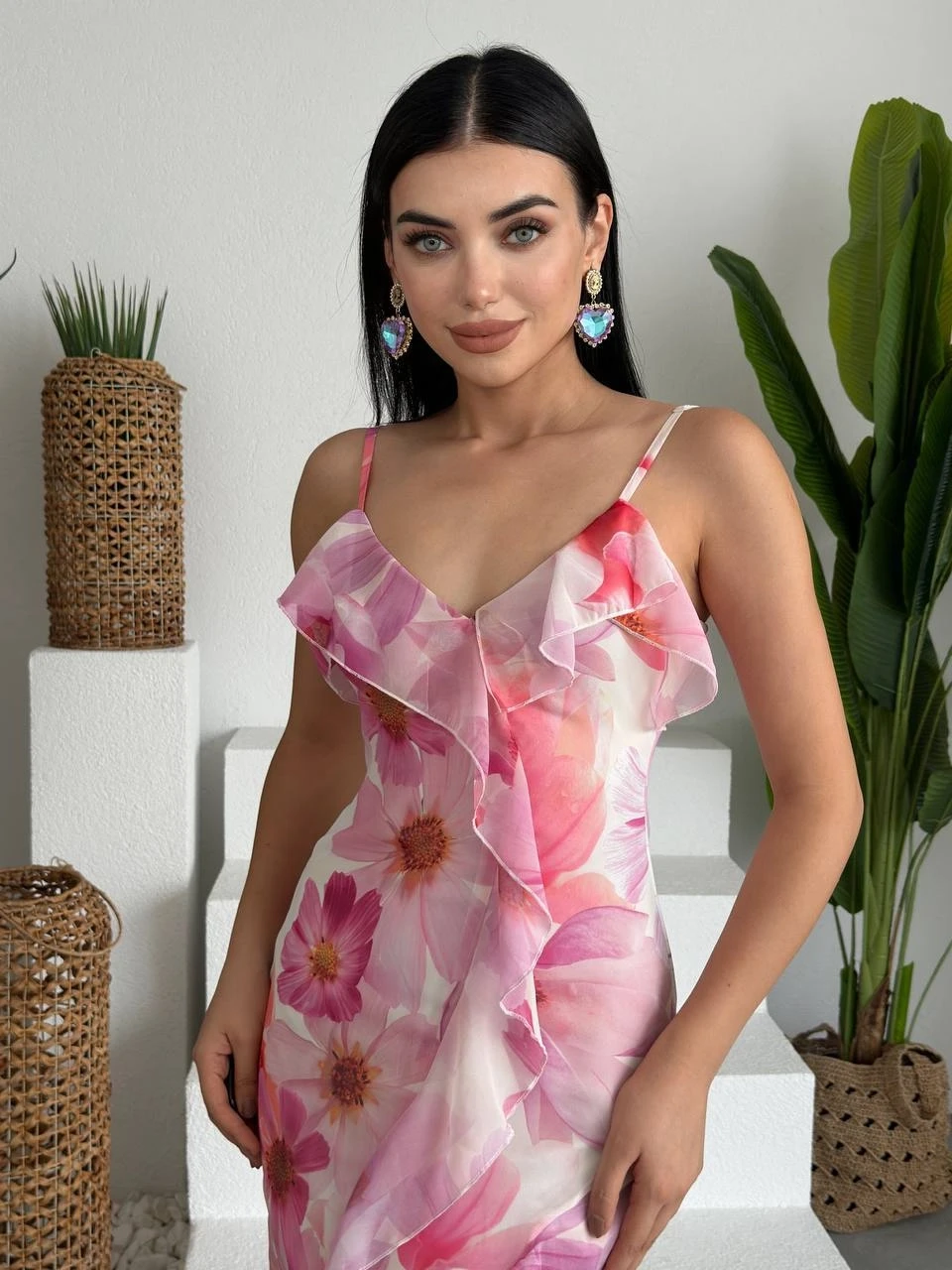 Tül Desenli Yırtmaçlı Elbise