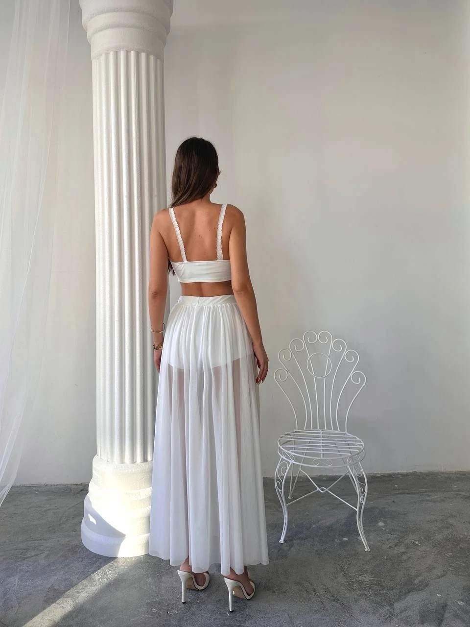 Tül Etek Bluz Alt Üst Takım Beyaz