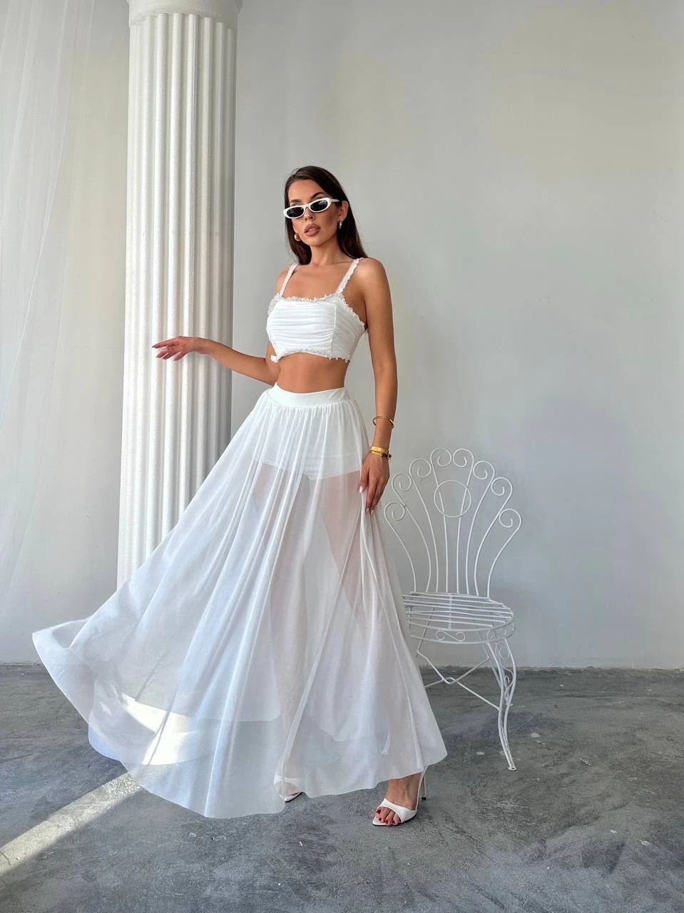 Tül Etek Bluz Alt Üst Takım Beyaz