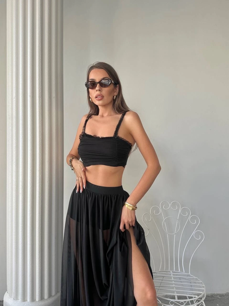 Tül Etek Bluz Alt Üst Takım Siyah