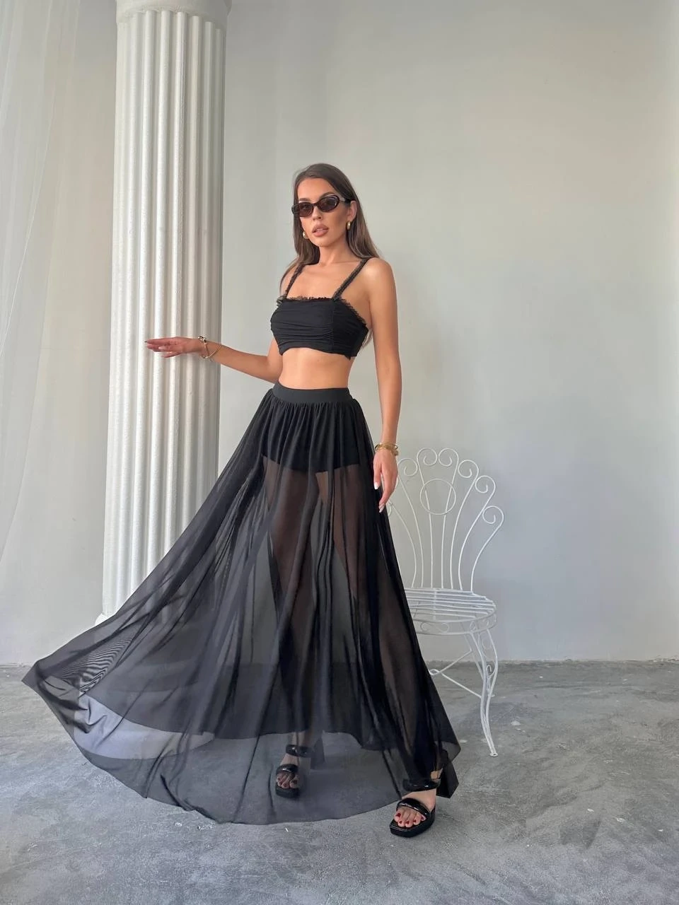 Tül Etek Bluz Alt Üst Takım Siyah