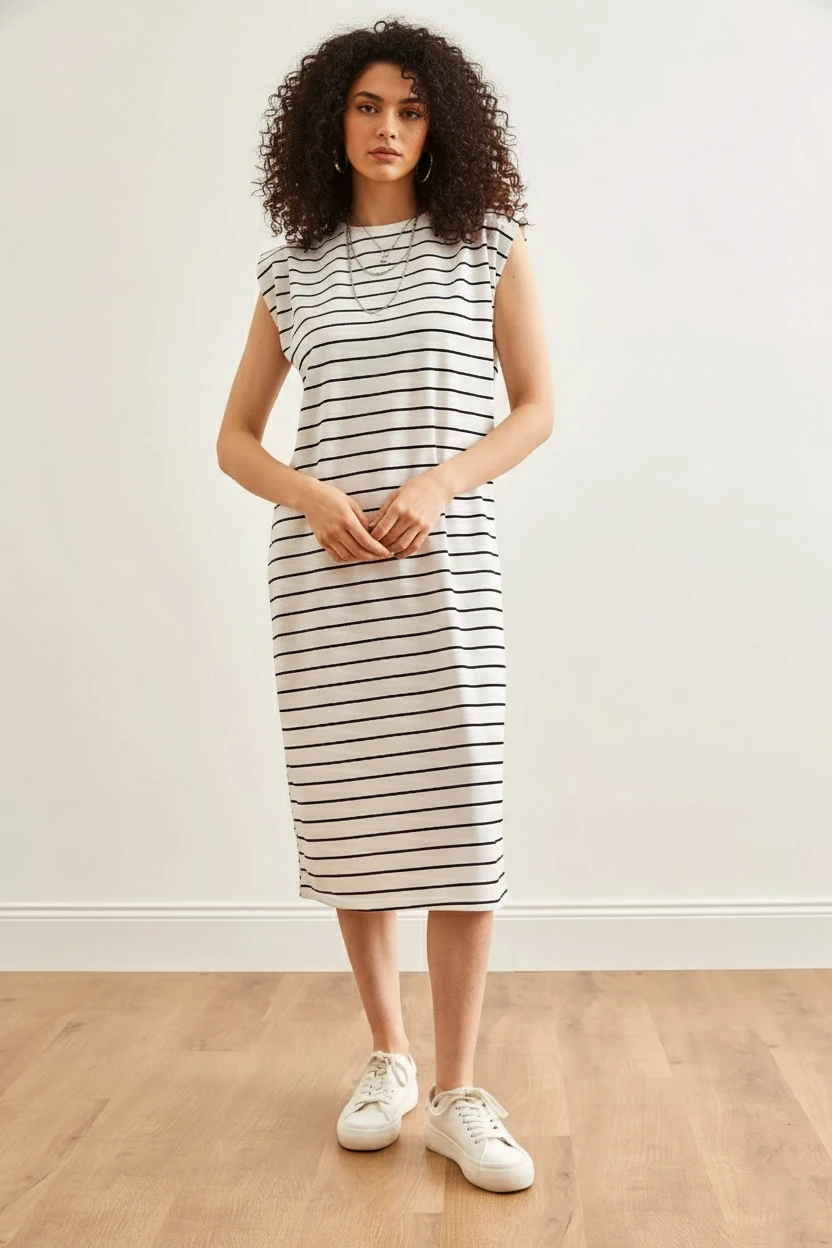 Vatkalı Çizgili Midi Elbise