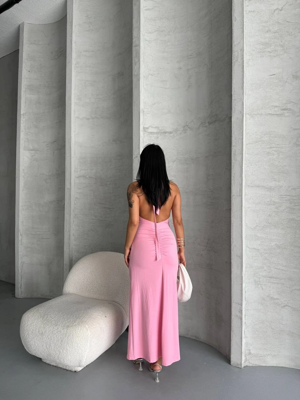 Yaka ve Sırt Detay Elbise Pembe