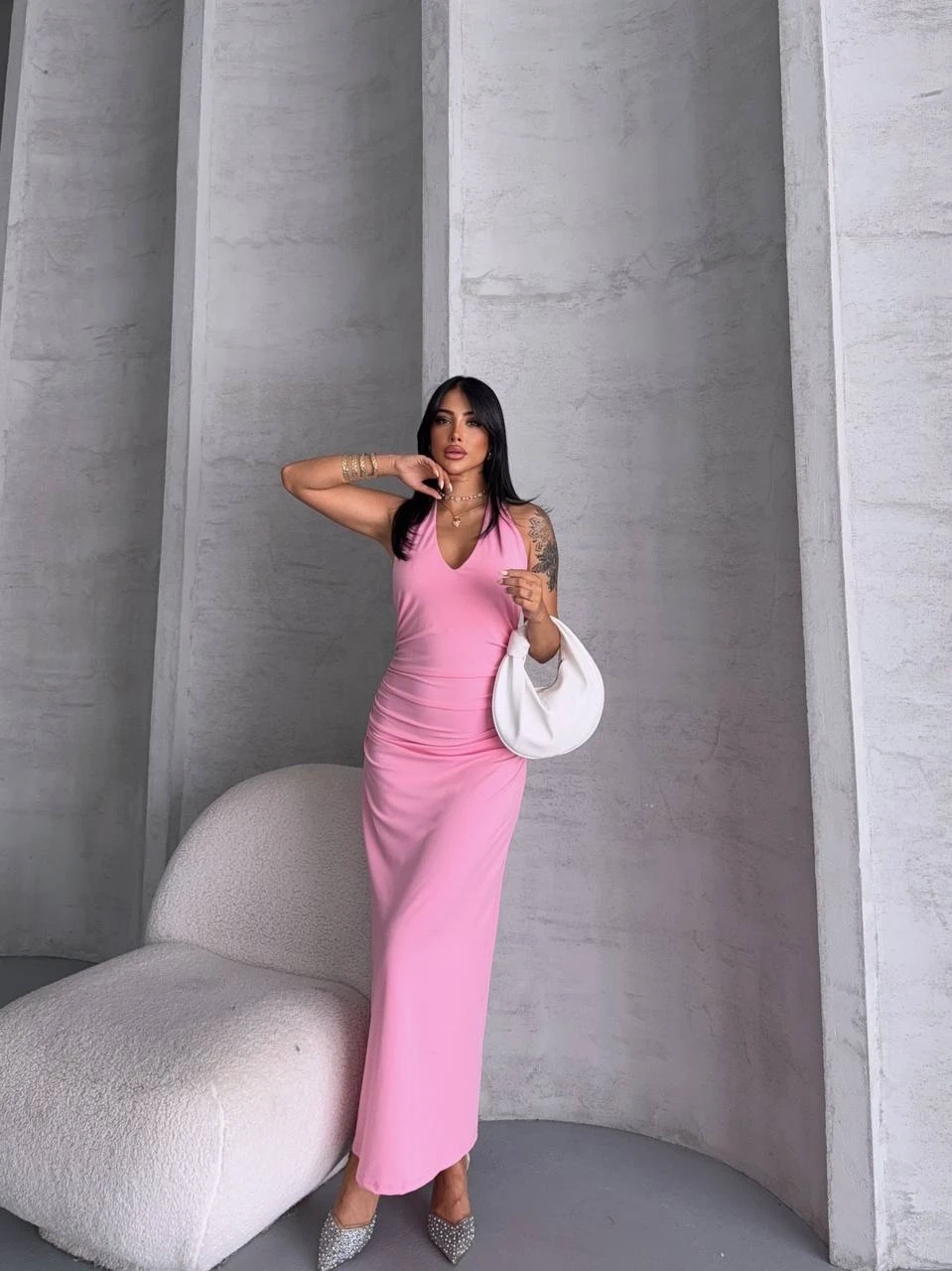 Yaka ve Sırt Detay Elbise Pembe