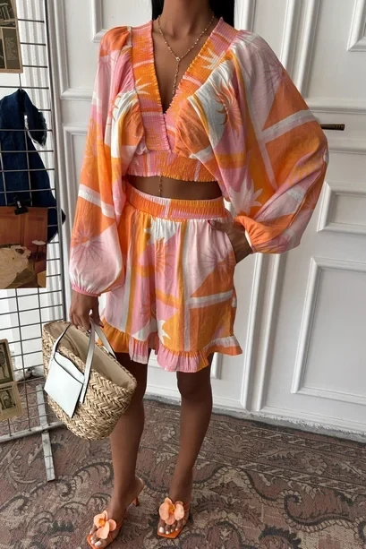 Yakası Gipeli ve Balon Kollu Desenli Modal Takım