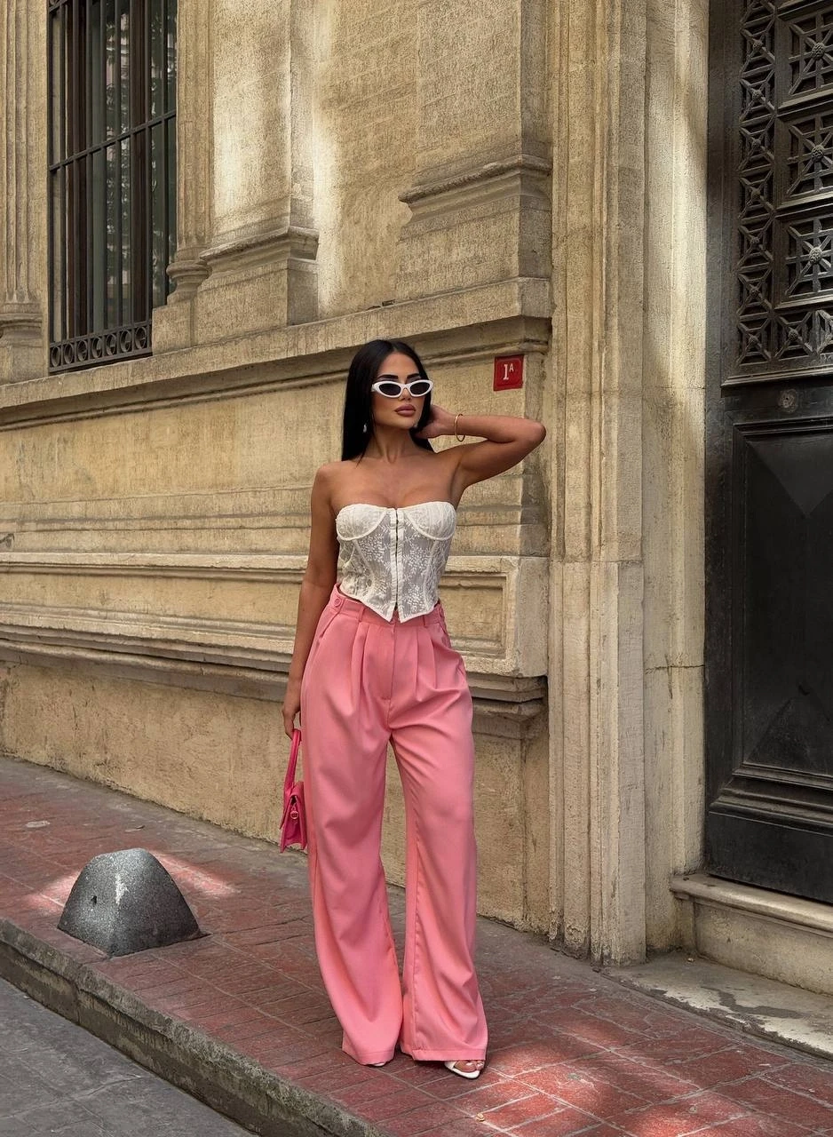 Yan Düğme Detay Salaş Palazzo Pantalon Pembe