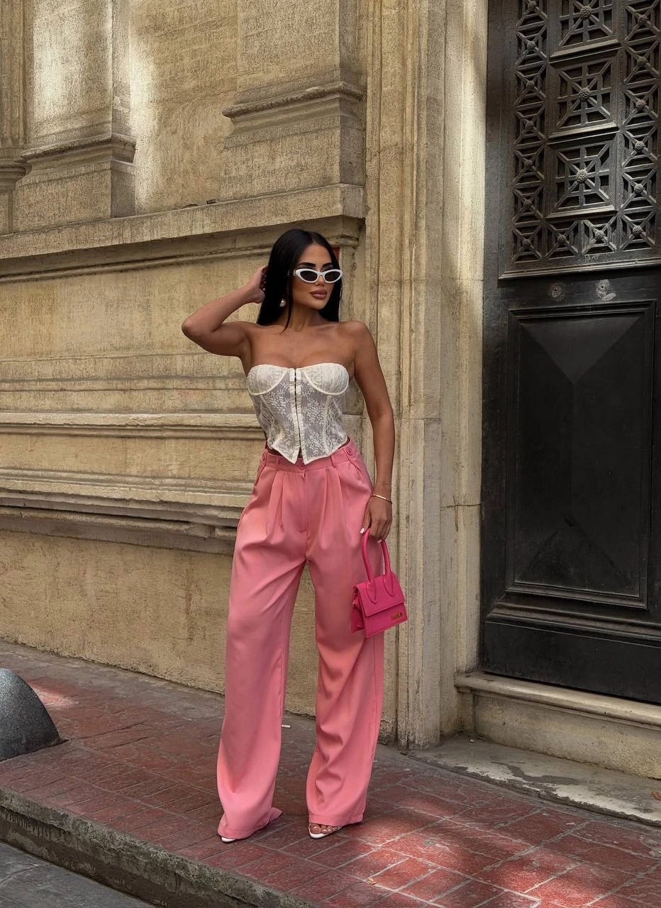 Yan Düğme Detay Salaş Palazzo Pantalon Pembe