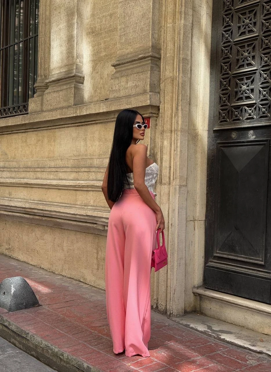 Yan Düğme Detay Salaş Palazzo Pantalon Pembe