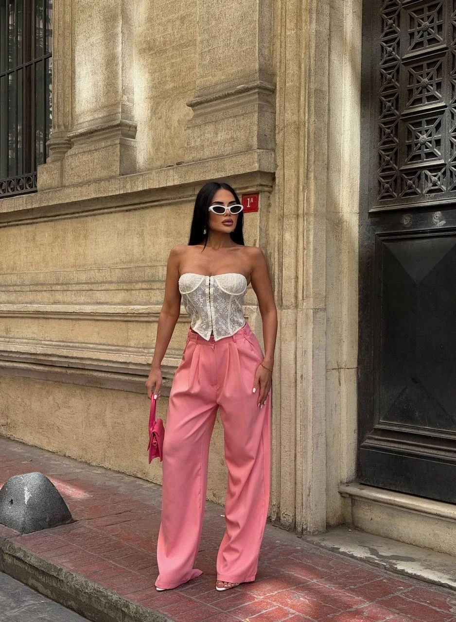 Yan Düğme Detay Salaş Palazzo Pantalon Pembe