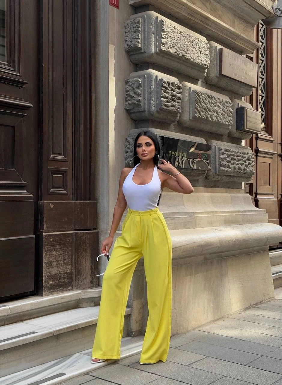Yan Düğme Detay Salaş Palazzo Pantalon Sarı