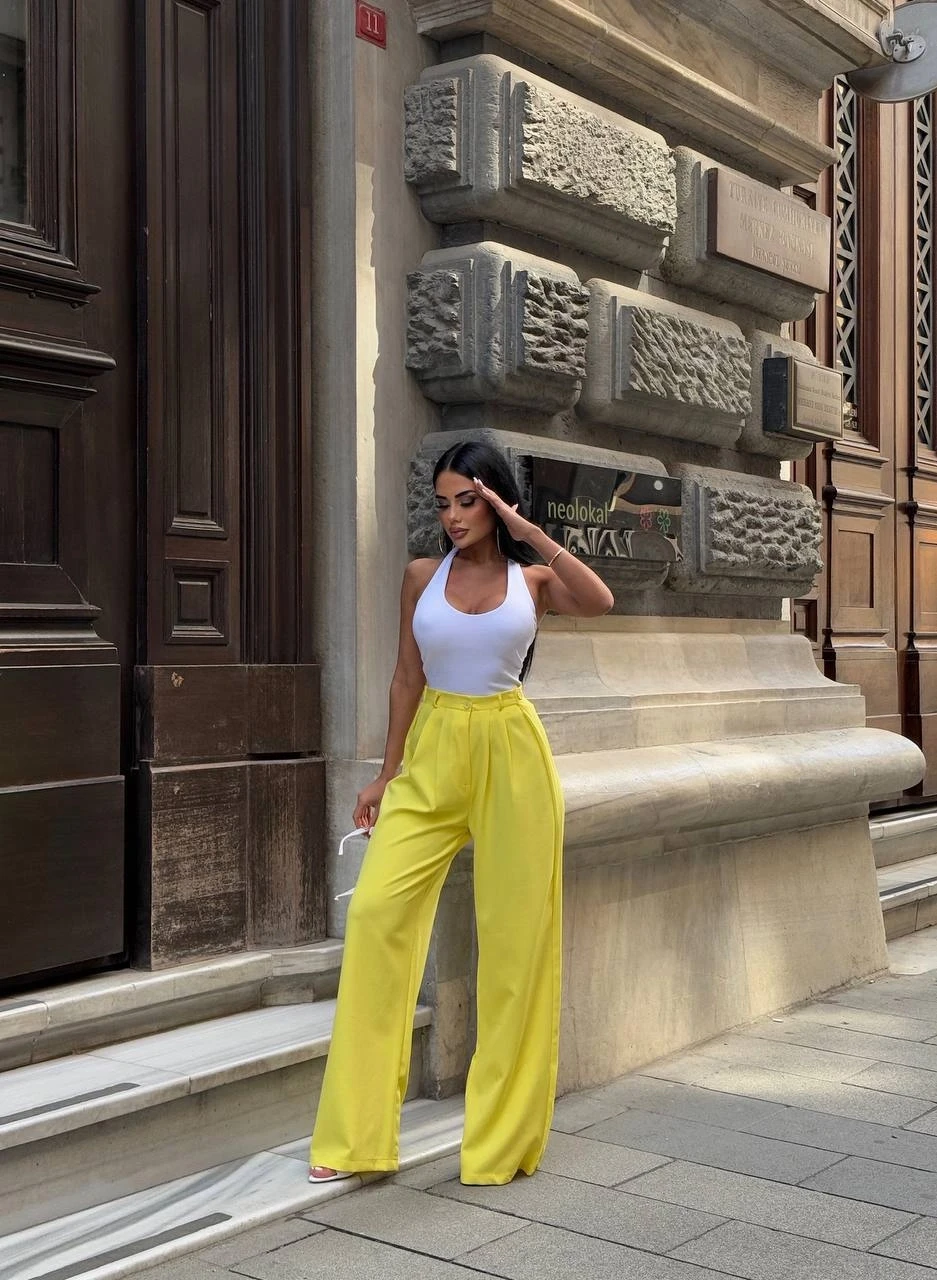 Yan Düğme Detay Salaş Palazzo Pantalon Sarı