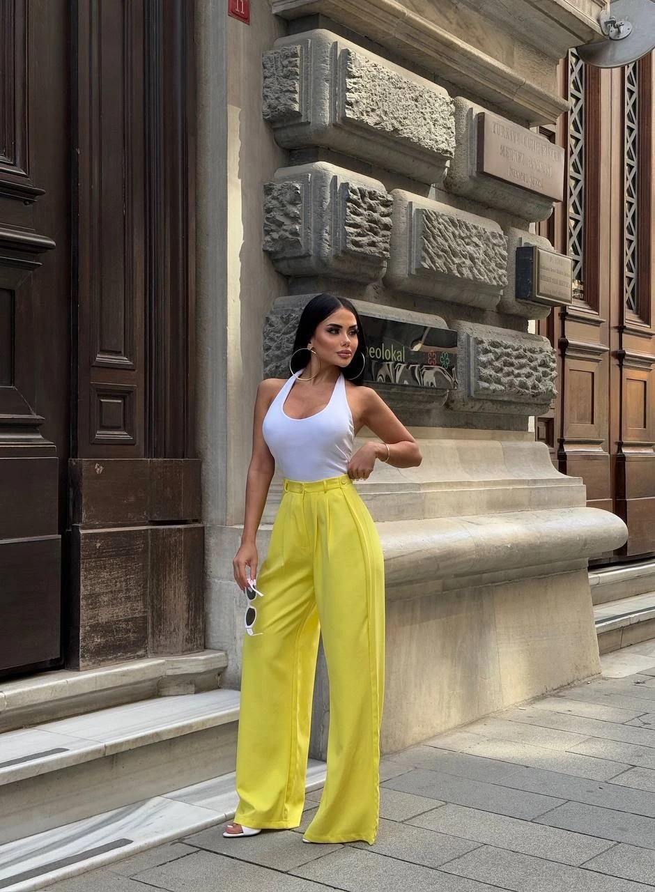 Yan Düğme Detay Salaş Palazzo Pantalon Sarı