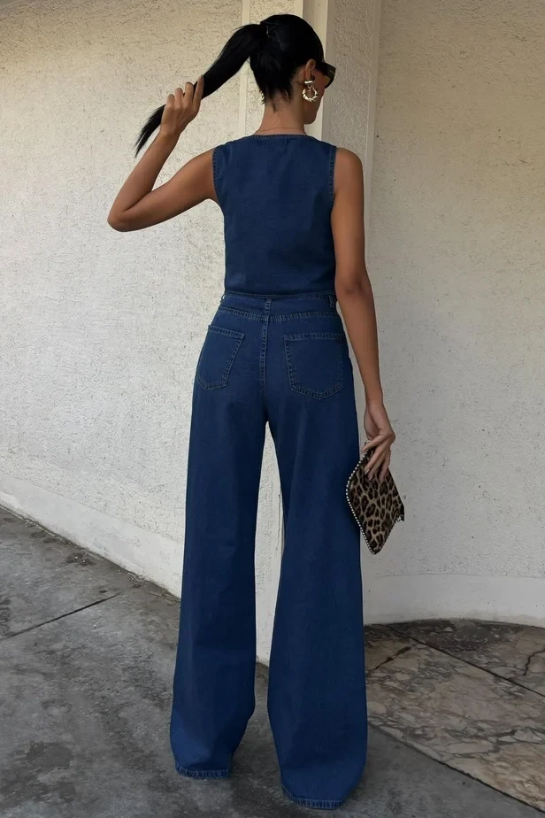 Yelek ve Palazzo Pantolonlu Denim Takım