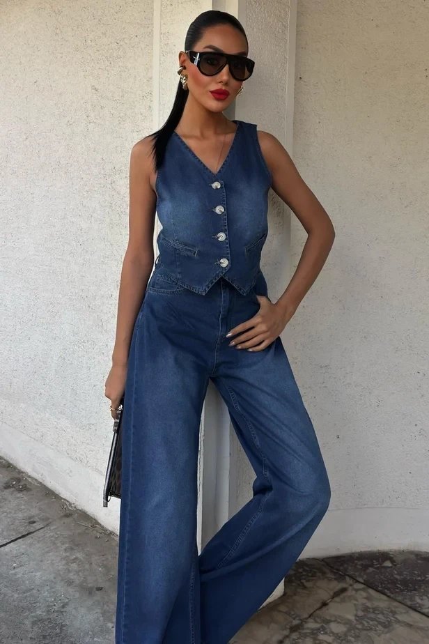 Yelek ve Palazzo Pantolonlu Denim Takım