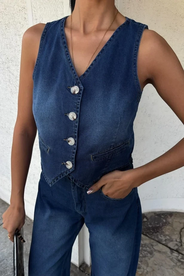 Yelek ve Palazzo Pantolonlu Denim Takım