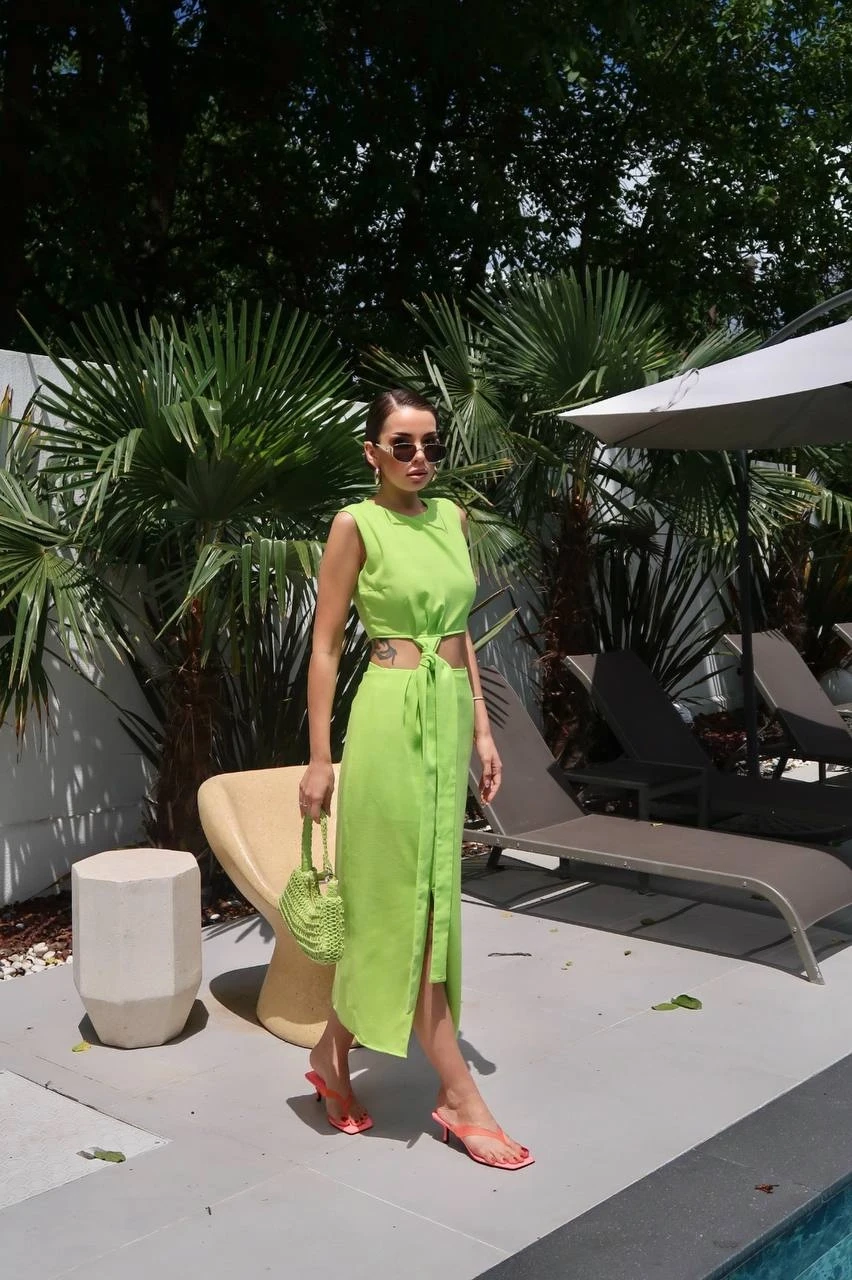 Yeşil Kuşaklı Crop ve Etek Takım