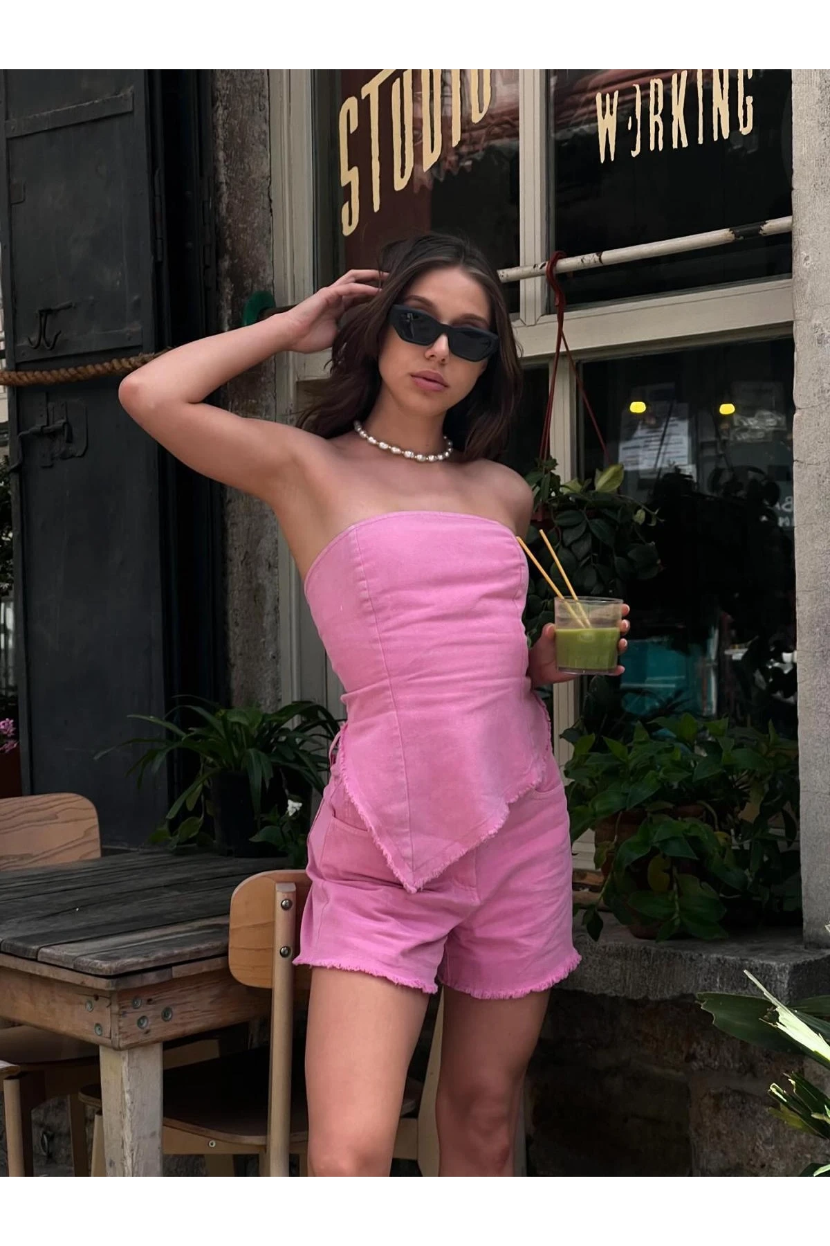 Yıkamalı Gabardin Şort Bluz Takım Pembe