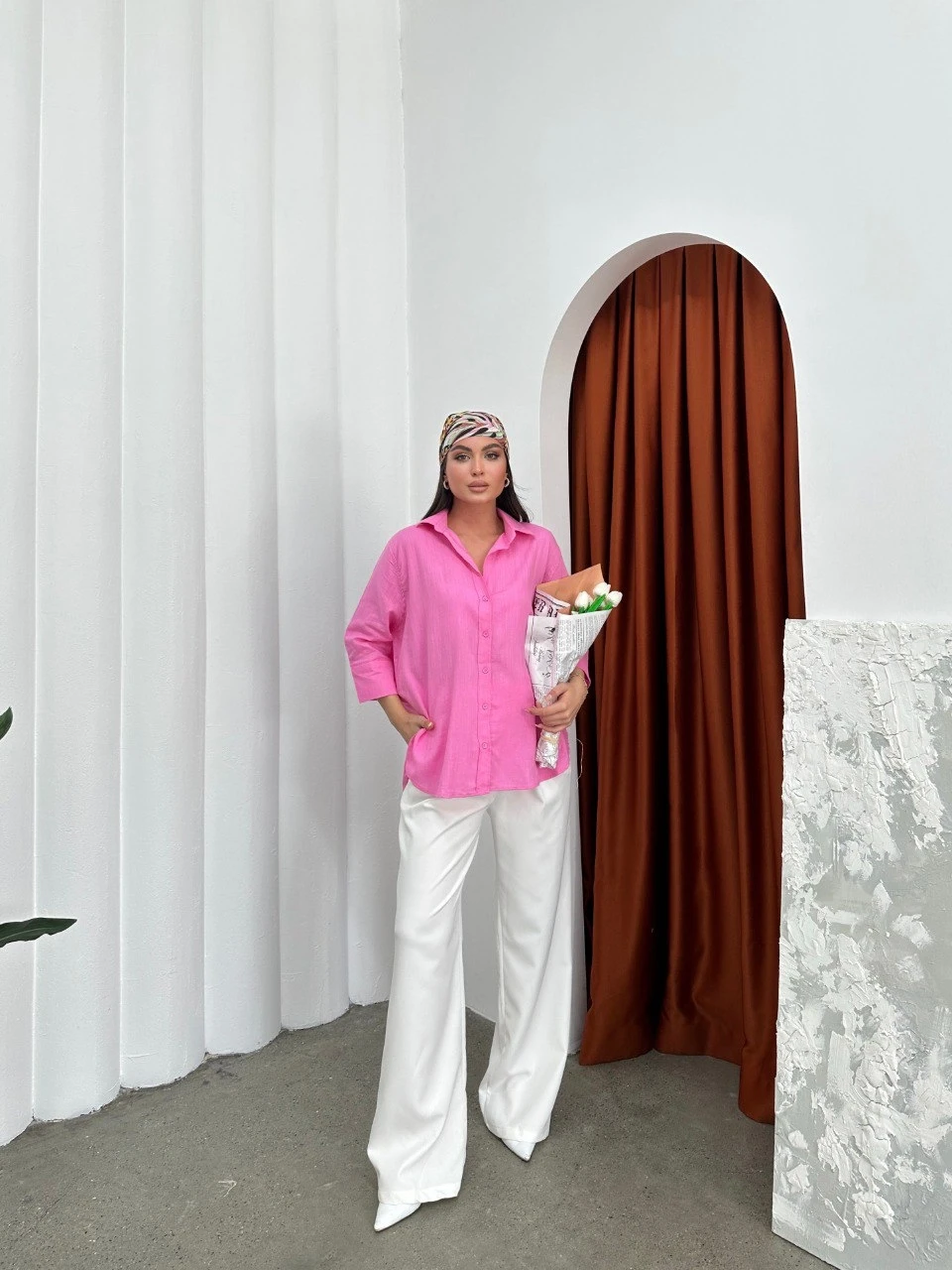 Yıkamalı Pamuk Keten Gömlek Pembe