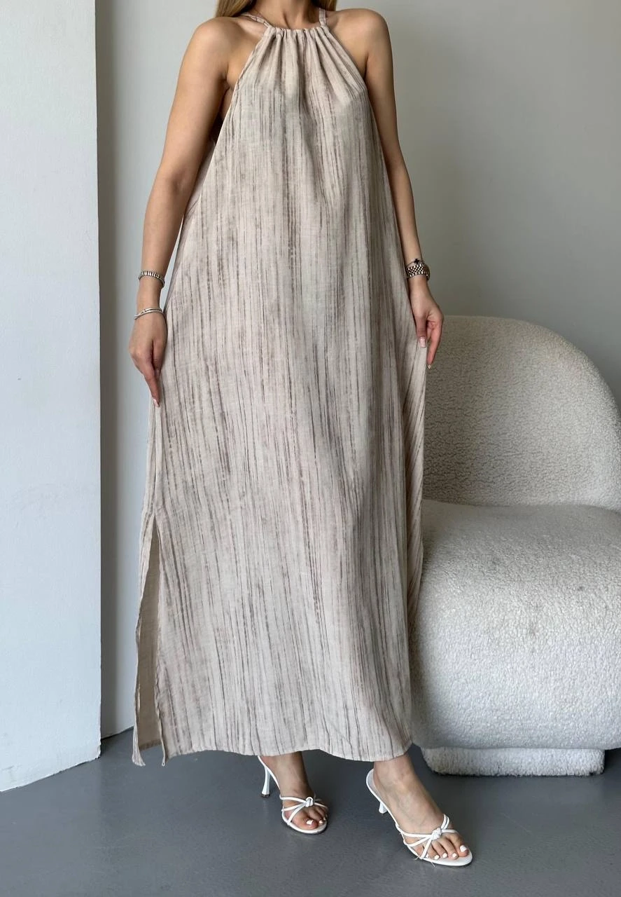 Yırtmaç Detay Keten Elbise
