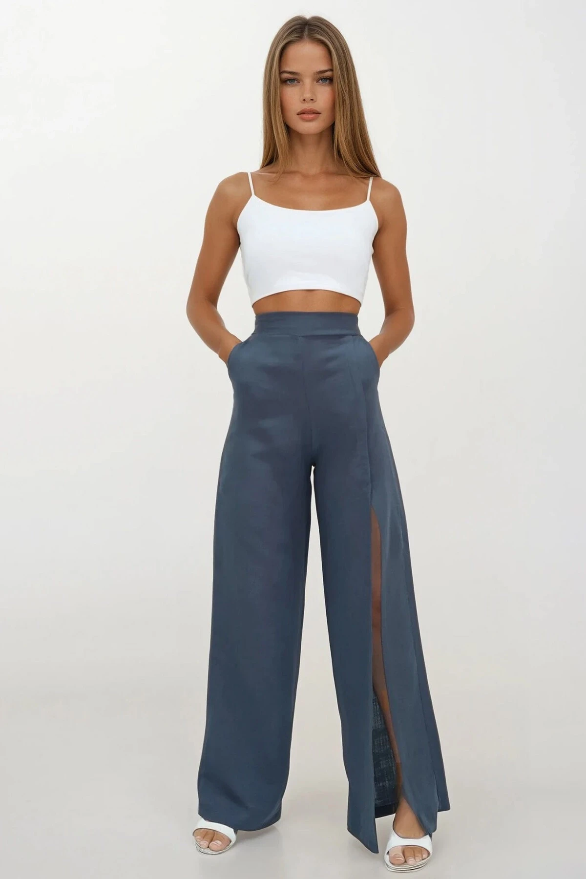 Yırtmaç Detaylı Çift Cepli Beli Lastikli Müslin Palazzo Pantolon Antrasit