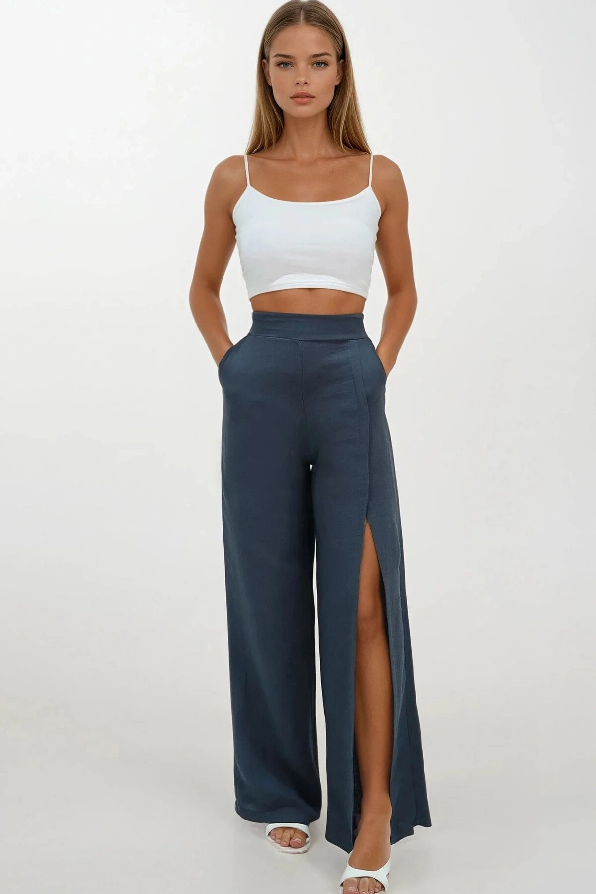 Yırtmaç Detaylı Çift Cepli Beli Lastikli Müslin Palazzo Pantolon Antrasit