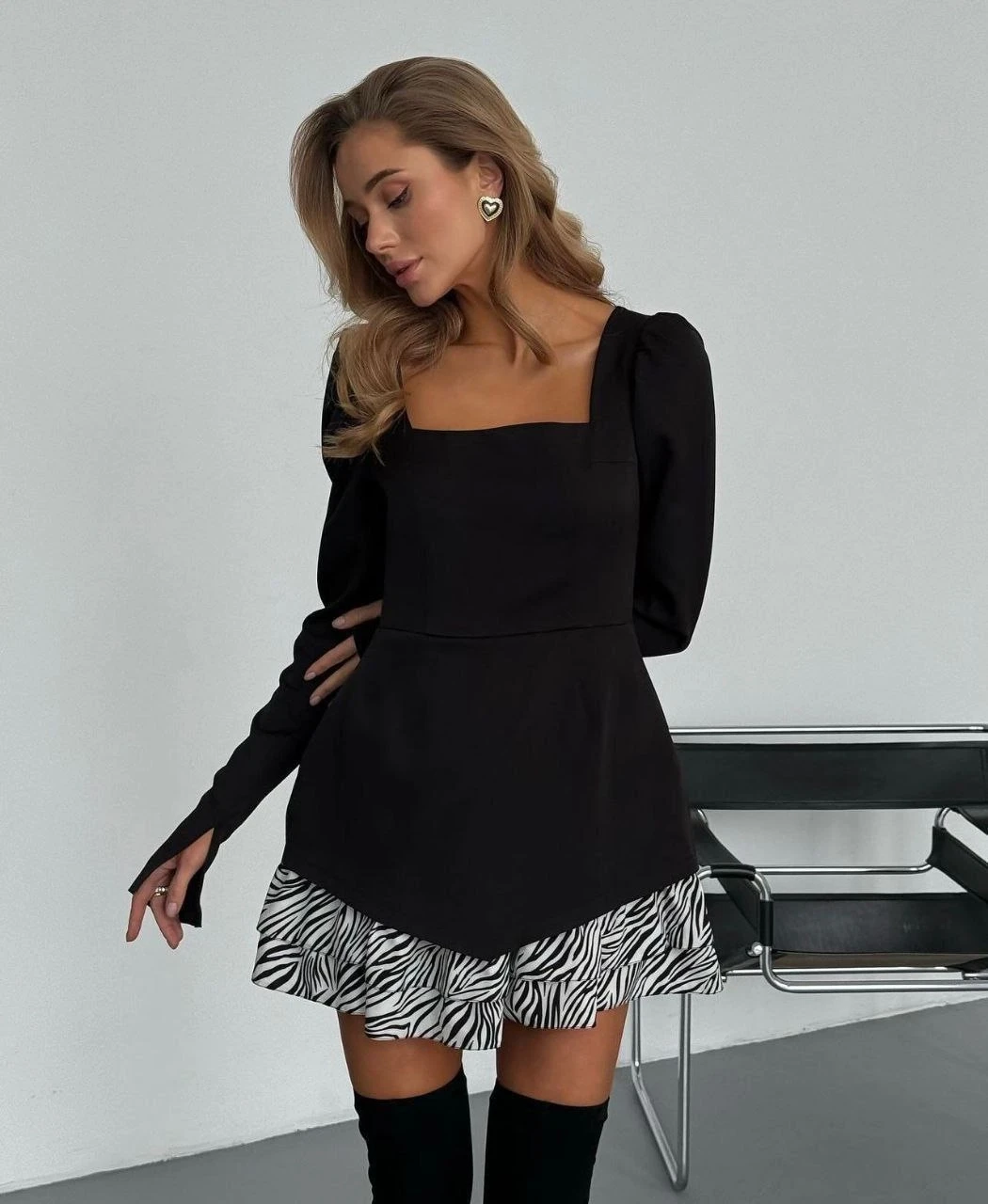 Zebra Desen Detay Garnili Elbise