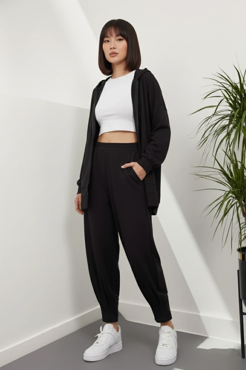 Siyah Manşeti Lastikli Sweat İkili Takım